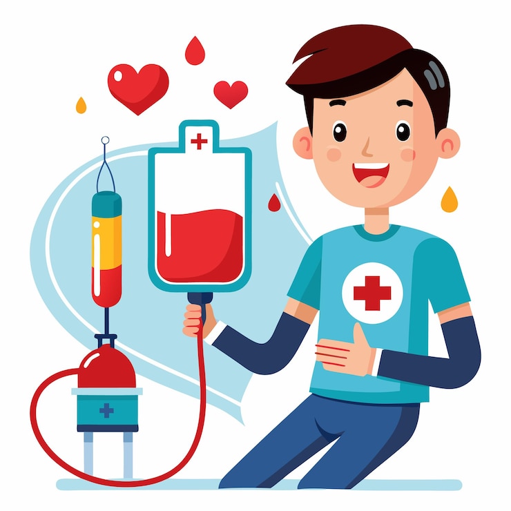 Vector ilustrasi karakter kartun ceria donor darah yang mendorong donor darah