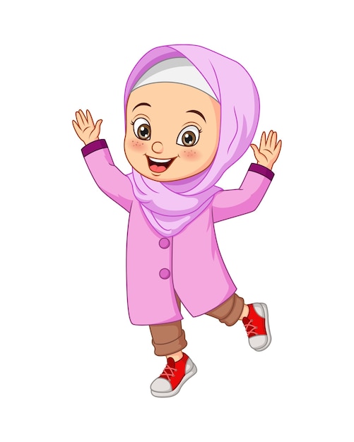Ilustrasi kartun gadis Muslim yang bahagia