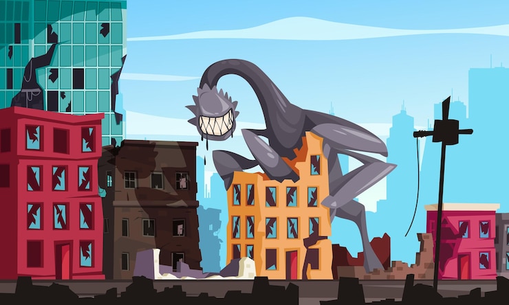 Vector ilustrasi kartun monster dengan gigi besar menghancurkan bangunan kota