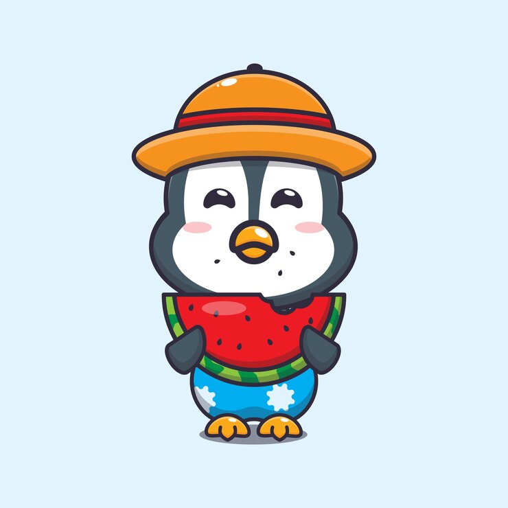 Vector ilustrasi kartun penguin lucu makan semangka segar.