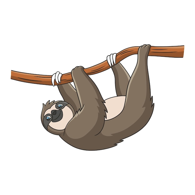ilustrasi kartun seekor sloth sedang bergantungan di pohon dengan santai untuk menikmati terik matahari di pagi hari