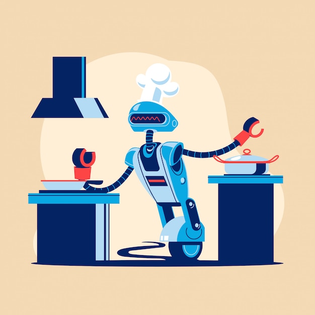 Ilustrasi koki robot multitasking memanggang dan memasak