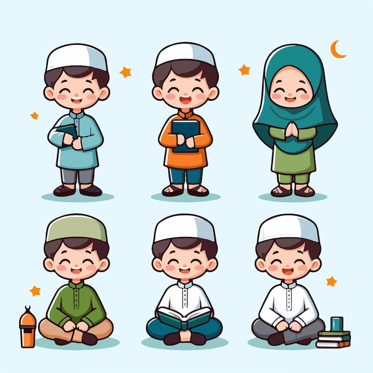 Vector ilustrasi koleksi anak muslim dalam gaya vektor datar