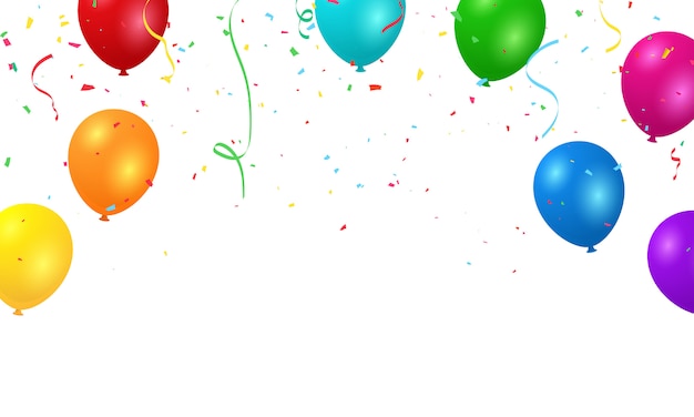 Ilustrasi konsep pesta balon warna-warni dan confetti.