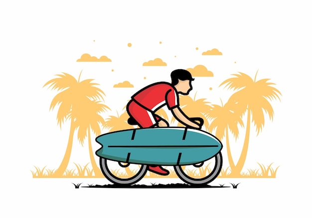 Ilustrasi mengendarai sepeda dengan papan selancar