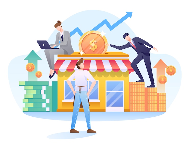 Vector ilustrasi modal ventura, kapitalis berinvestasi dalam bisnis makanan dan minuman.