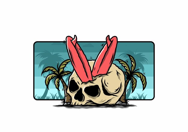 Ilustrasi papan selancar yang menancap di tengkorak kepala manusia