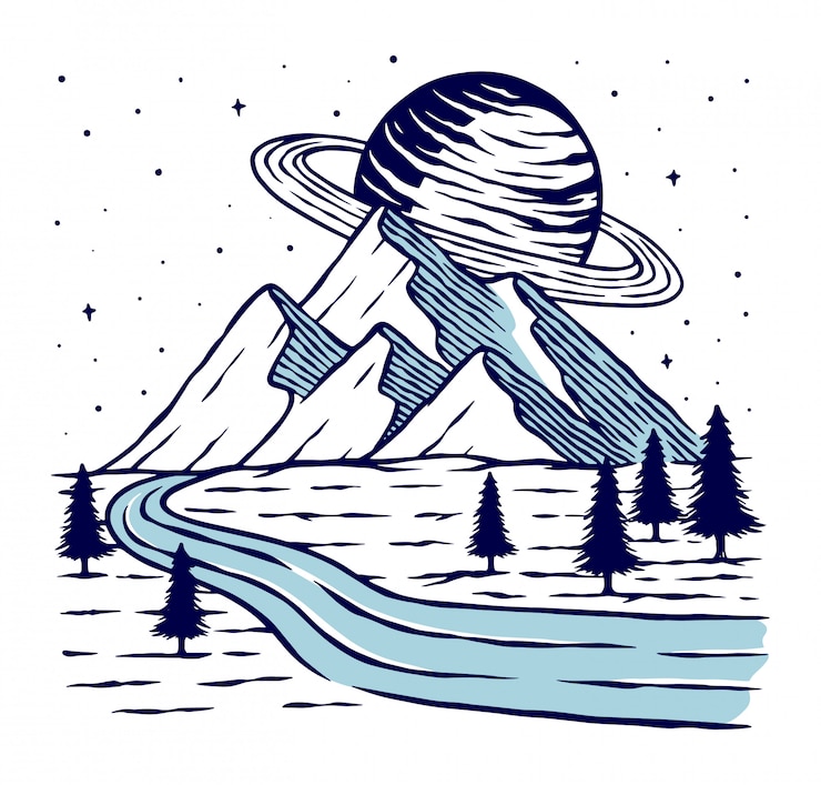 Vector ilustrasi planet dan gunung