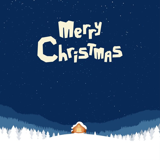 Ilustrasi rumah Santa di hutan bersalju dengan langit biru gelap jernih di malam Natal