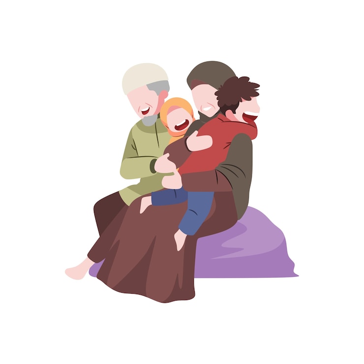 Vector ilustrasi sebuah keluarga dengan bayi di belakang saat idul fitri