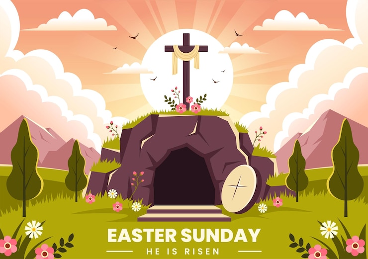 Vector ilustrasi selamat hari minggu paskah dia telah bangkit dan perayaan kebangkitan dengan gua dan salib