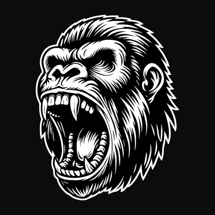Vector ilustrasi seni gelap kepala hewan buas marah hitam dan putih