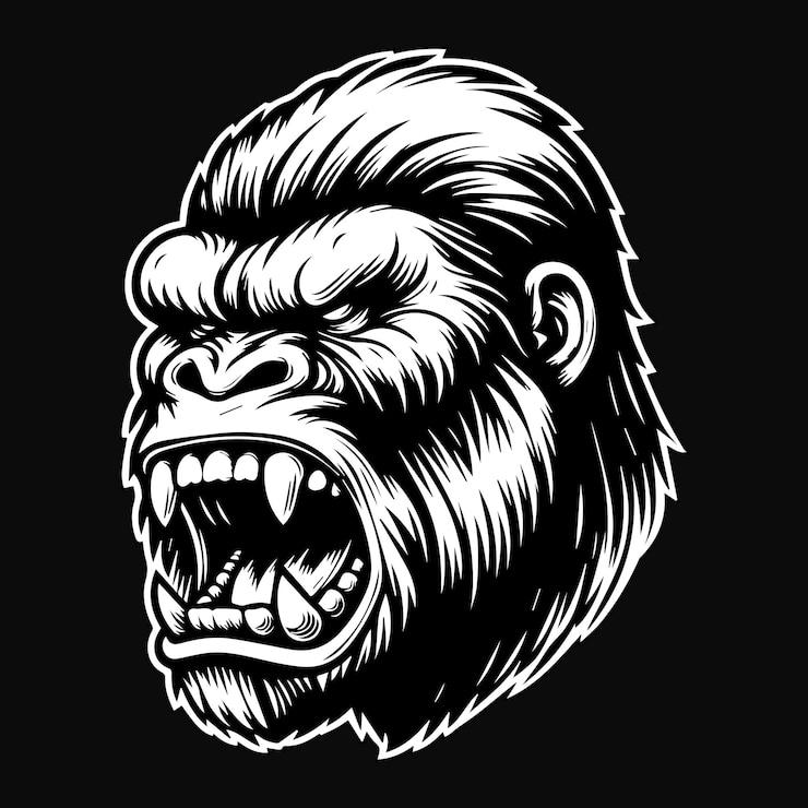 Vector ilustrasi seni gelap kepala hewan buas marah hitam dan putih