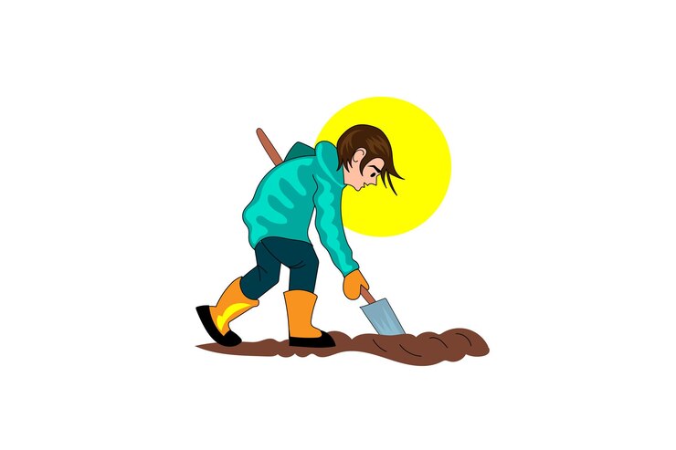 Vector ilustrasi seorang anak laki-laki menggali tanah dengan sekop.