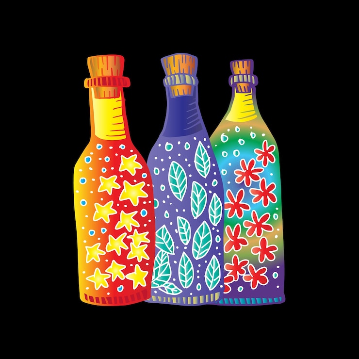 Vector ilustrasi tiga botol doodle yang digambar tangan
