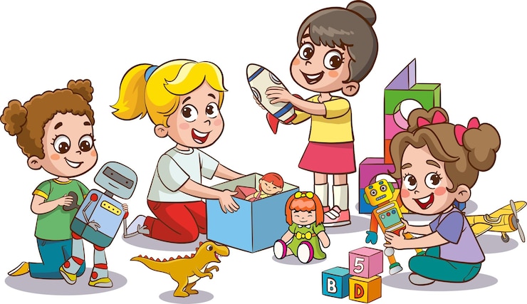 Vector ilustrasi vektor anak-anak lucu di taman kanak-kanak bermain dengan mainan