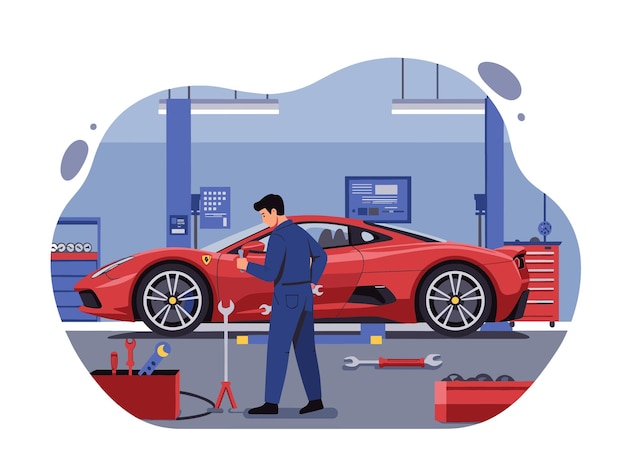 Ilustrasi vektor datar dari mekanik mobil profesional yang sedang memperbaiki mobil sport merah mewah
