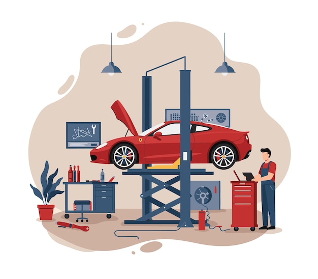 Ilustrasi vektor datar dari mekanik mobil profesional yang sedang memperbaiki mobil sport merah mewah