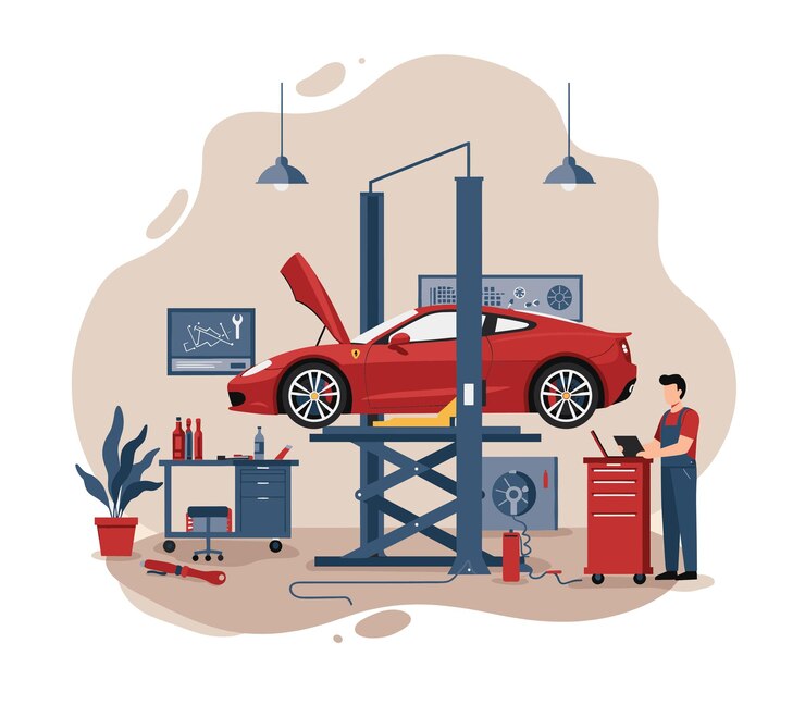 Ilustrasi vektor datar dari mekanik mobil profesional yang sedang memperbaiki mobil sport merah mewah