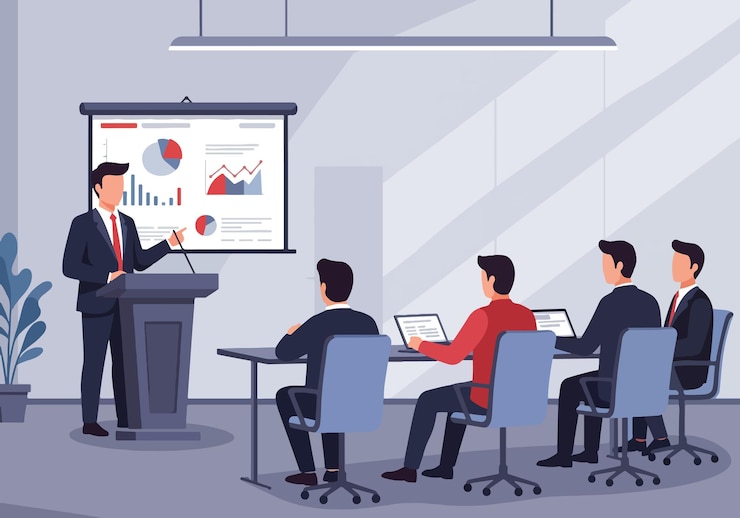Vector ilustrasi vektor datar presentasi bisnis dalam rapat profesional ruang konferensi modern