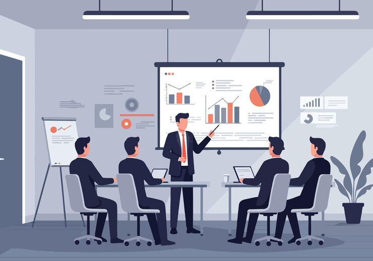 Ilustrasi vektor datar Presentasi Bisnis dalam Rapat Profesional Ruang Konferensi Modern