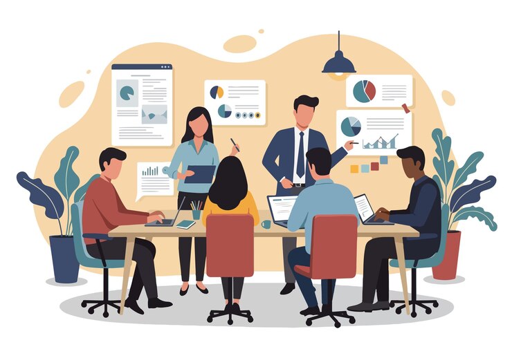 ilustrasi vektor datar Tim Beragam Berkolaborasi dalam Curah Pendapat Kreatif Kantor Modern