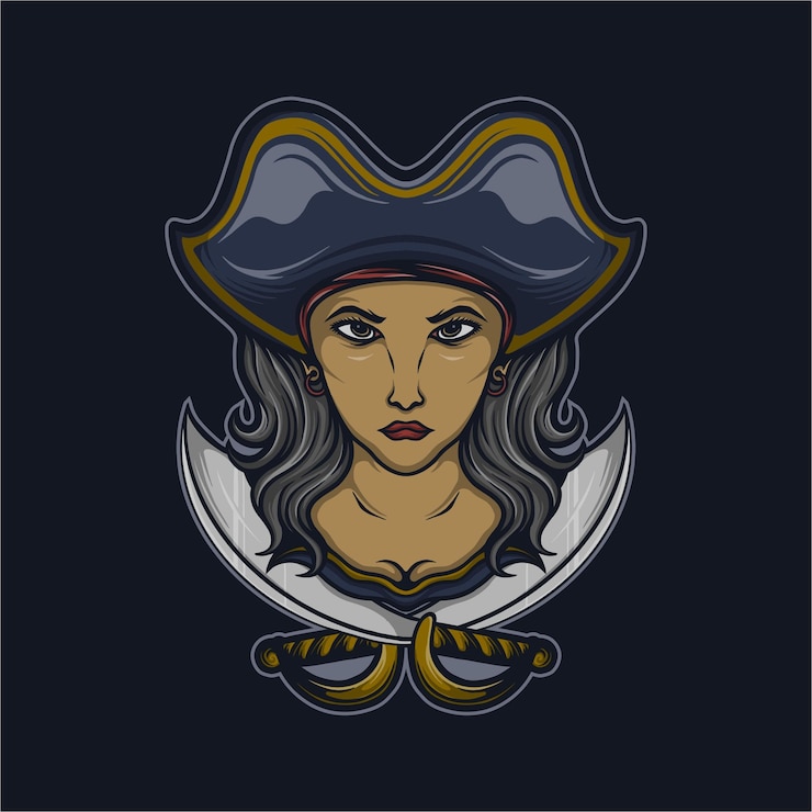 Vector ilustrasi vektor kepala bajak laut wanita dengan pedang