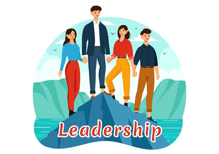 Vector ilustrasi vektor kepemimpinan bisnis dengan seorang pemimpin pebisnis membantu tim mengembangkan diri untuk meraih kesuksesan dalam latar belakang kartun datar