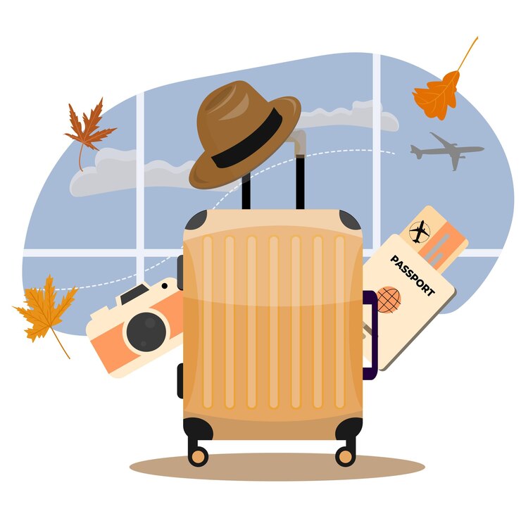 Vector ilustrasi vektor liburan musim gugur dengan kamera siutcase di bandara