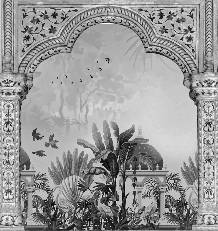 Vector ilustrasi vektor mural taman hutan mughal tradisional burung merak wallpaper tanaman