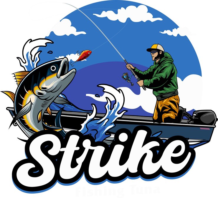 Vector ilustrasi vektor nelayan menangkap ikan tuna dan ombak dengan ilustrasi vintage