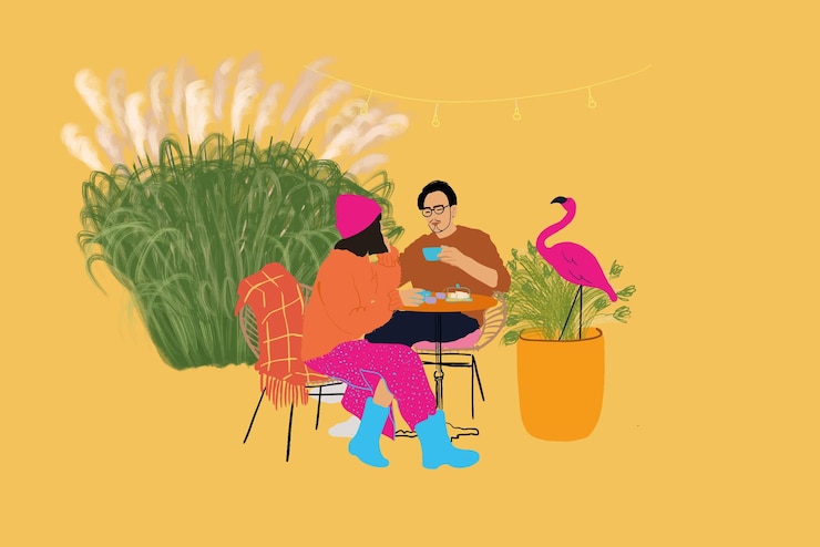 Vector ilustrasi vektor pasangan bersantai sambil makan di taman mereka