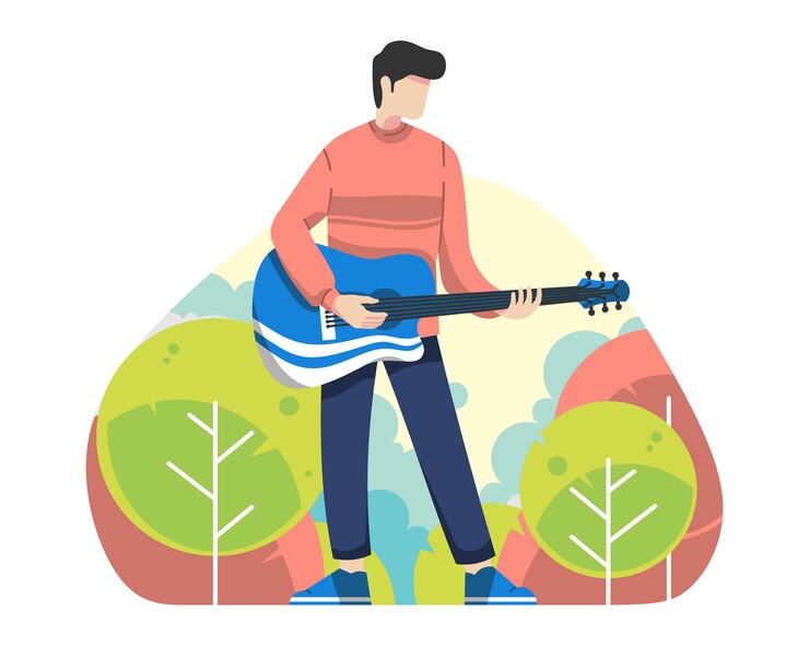 Vector ilustrasi vektor pemuda bermain gitar di luar ruangan