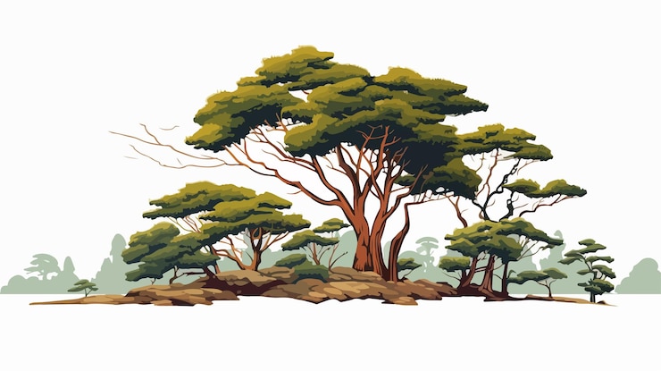 Vector ilustrasi vektor pohon pinus megah di puncak bukit gunung