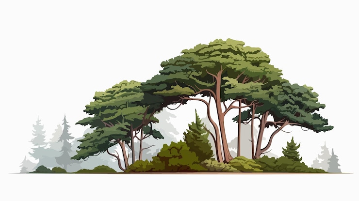 Vector ilustrasi vektor pohon pinus megah di puncak bukit gunung