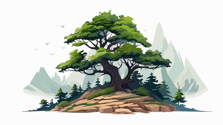 Vector ilustrasi vektor pohon pinus megah di puncak bukit gunung