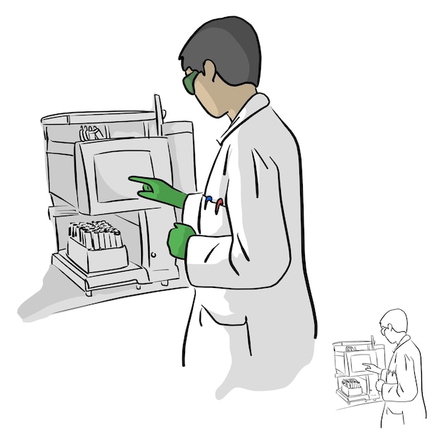 Ilustrasi vektor seorang ahli kimia wanita menggunakan komputer di laboratorium, sketsa yang digambar tangan