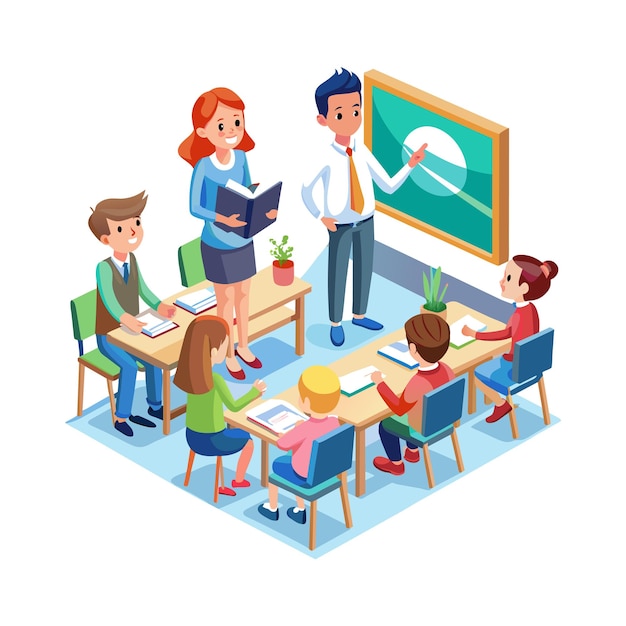 Ilustrasi vektor seorang guru mengajar di ruang kelas