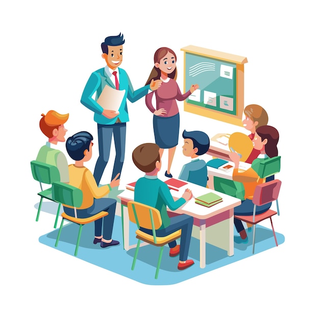 Ilustrasi vektor seorang guru mengajar di ruang kelas
