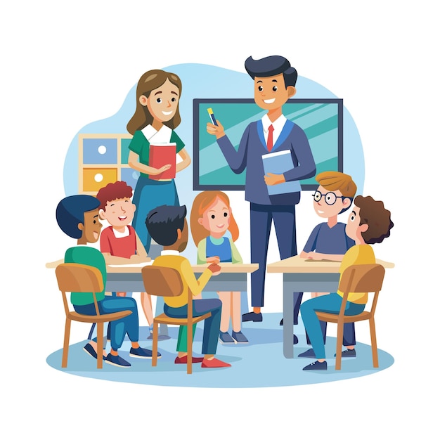 Ilustrasi vektor seorang guru mengajar di ruang kelas