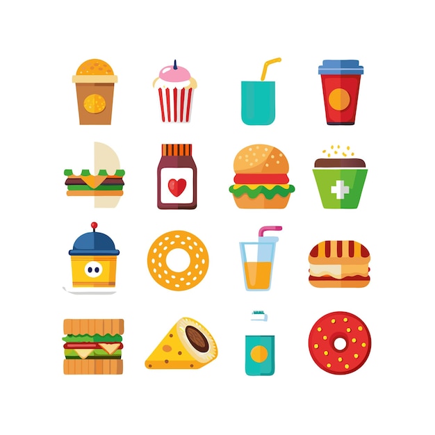 Ilustrasi vektor set ikon makanan dan minuman untuk dokumen, situs web, dan aplikasi seluler