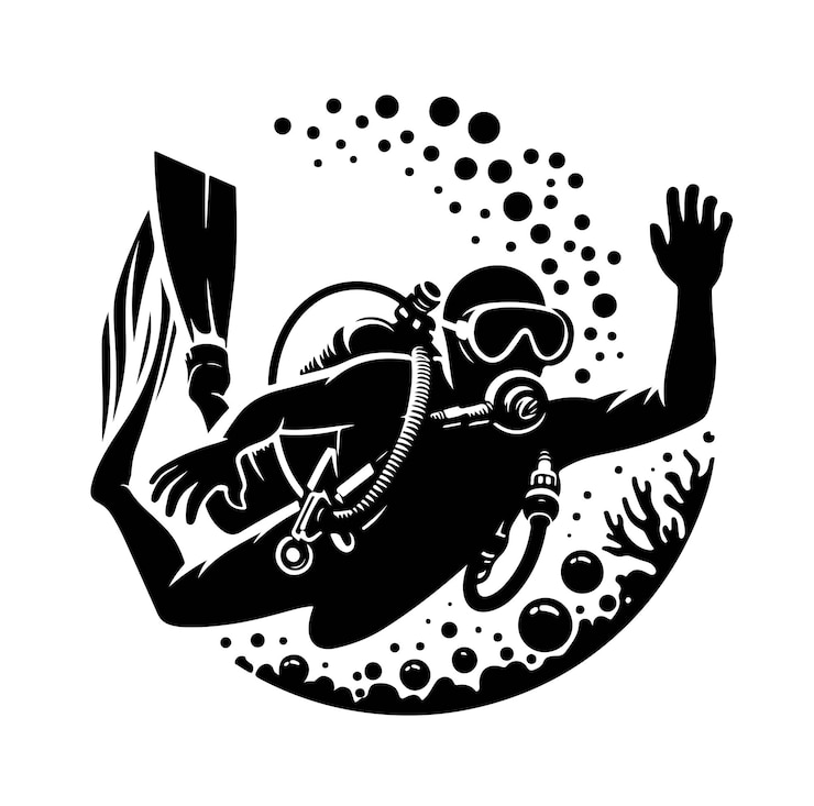 Vector ilustrasi vektor siluet penyelam scuba di bawah air