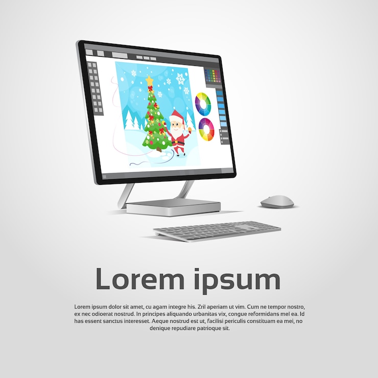 Vector ilustrasi vektor tempat kerja designer grafis komputer modern desktop
