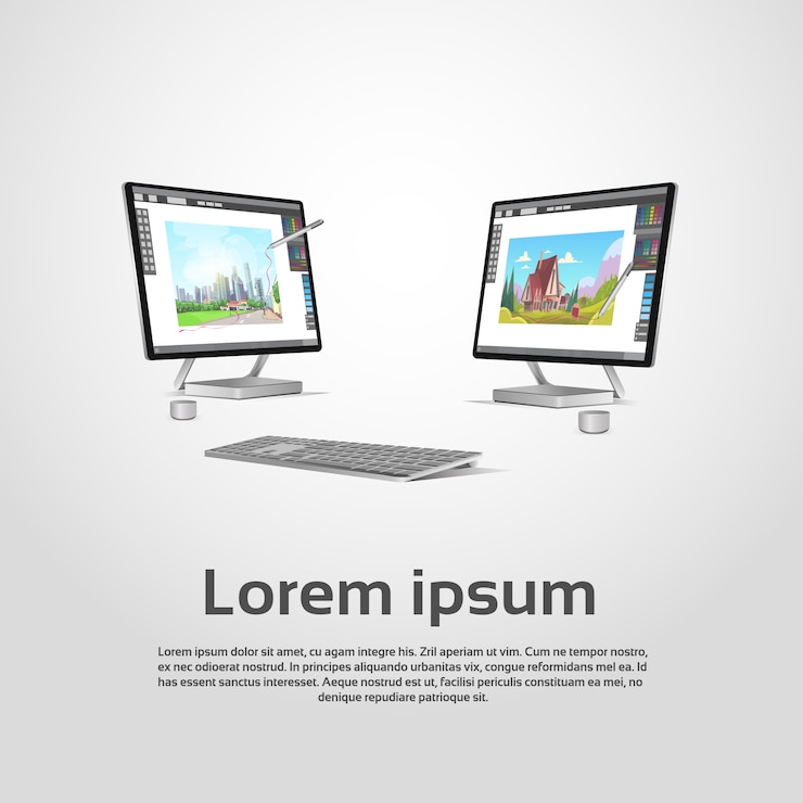 Vector ilustrasi vektor tempat kerja designer grafis komputer modern desktop