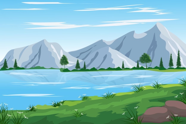 Ilustrasi vektor templat latar belakang desain datar pemandangan alam penuh warna yang indah