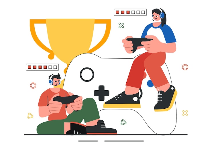 Vector ilustrasi vektor turnamen esports menampilkan dua pemain yang bersaing dalam game online untuk kompetisi cyber sports di dalam arena gaming