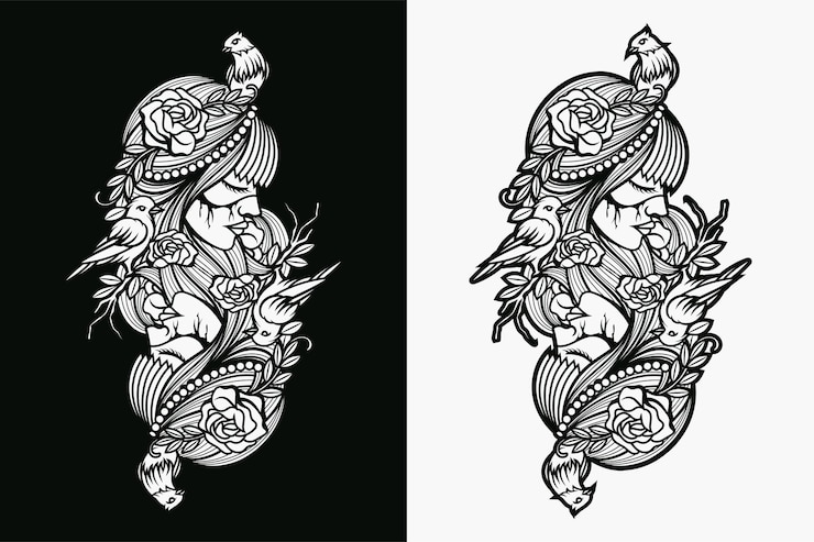 Vector ilustrasi vektor wanita hitam putih