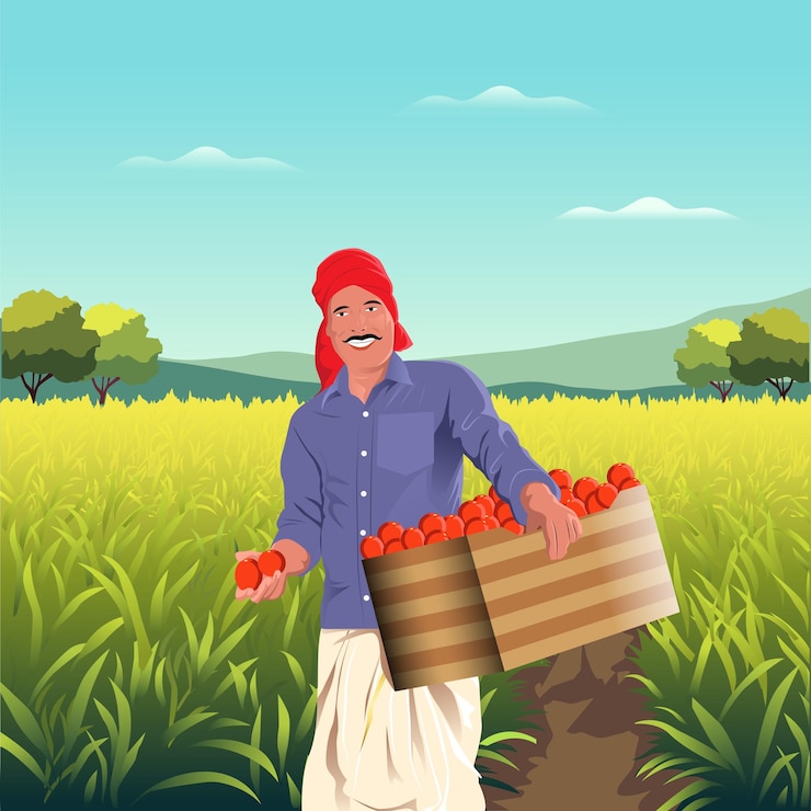 Vector indian farmer picking tomatoes