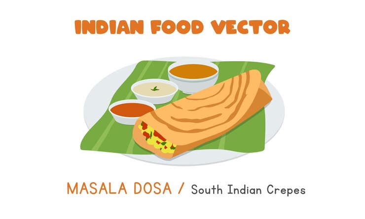 Vector indian masala dosa - south indian crepes flat vector clipart cartoon. asian food. indian cuisine