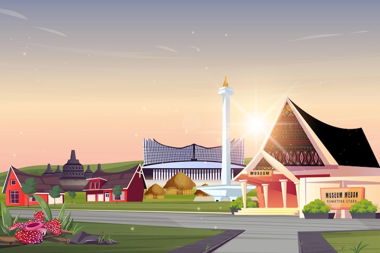 Vector indonesian city landscape with national monument